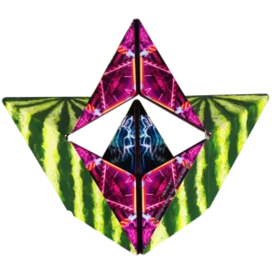 toy transforms into sharp triangle shapes with watermelon green striped pattern, a pink geometric pattern, and a dark blue pattern