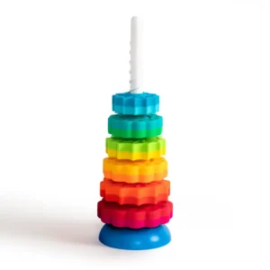 blue base and white screw pole with 6 discs in bright colors that spin on