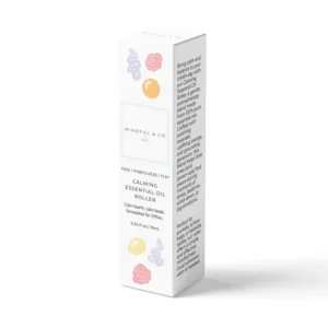 white box with drawings of botanicals that says "calming essential oil roller"