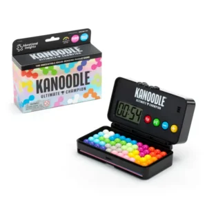 kanoodle puzzle in black box with timer built in to the top, and multicolored game pieces in the bottom
