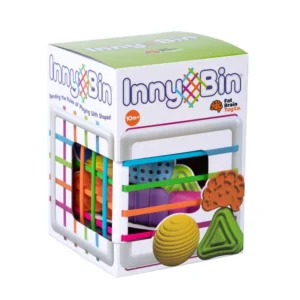 box of Inny Bin shows White cube with elastic band sides you can touch through holes in the box.