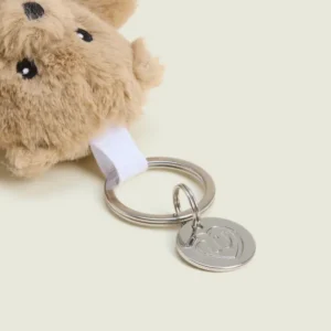 teddybear on a keychain with a silver medallion that says "warmies"
