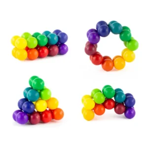 rainbow colored balls in 4 unique shapes, a brick, a cylinder, a pyramid and an arc