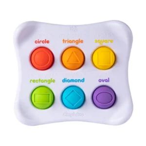 white rectangular toy with 6 different bright colored buttons with shapes on them and the word of the shape above