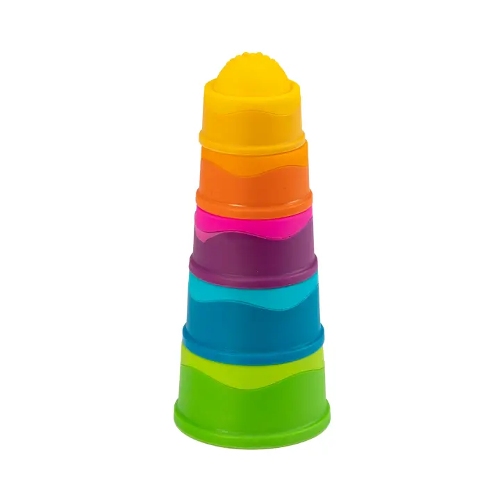 5 domed cups in different bright colors that are stacked to make a tower
